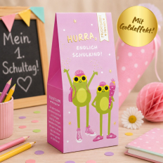 Fruchtgummi Herzen zur Einschulung „Hurra, endlich Schulkind“
