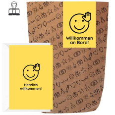 Geschenktüte + Grußkarte Onboarding „Willkommen an Bord“